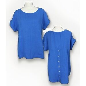 Terzo Millennio Italy Blue Linen Button Back S High Low Tunic Blouse Beach Top